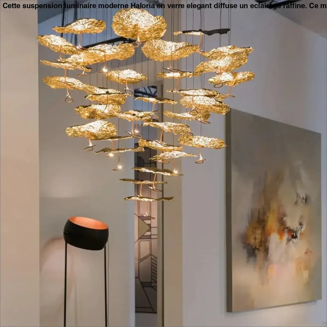 Suspension artistique feuilles sculptées noir doré élégant