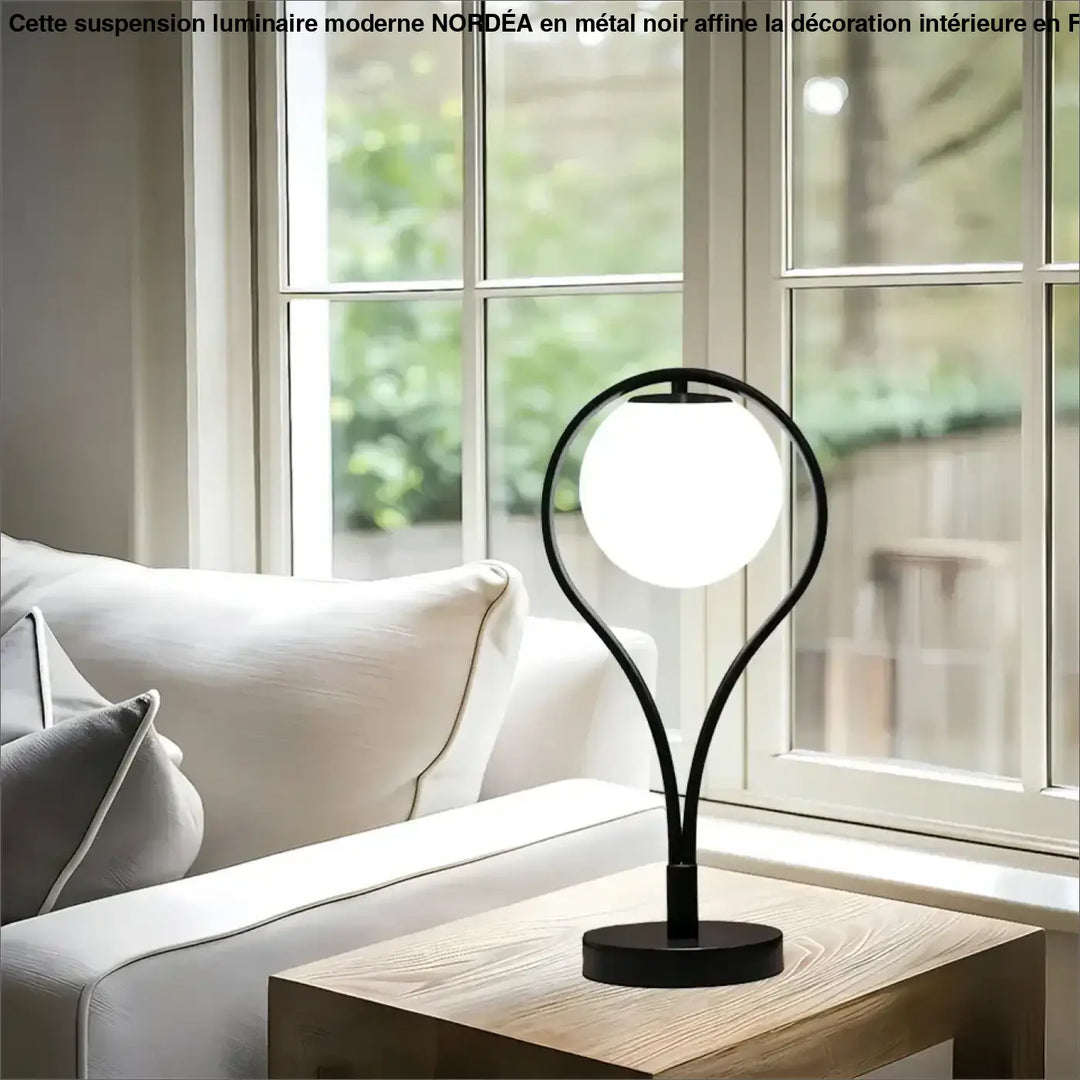 Lampe de table canila noire avec base courbée moderne et globe blanc pour un halo lumineux et un chevet design