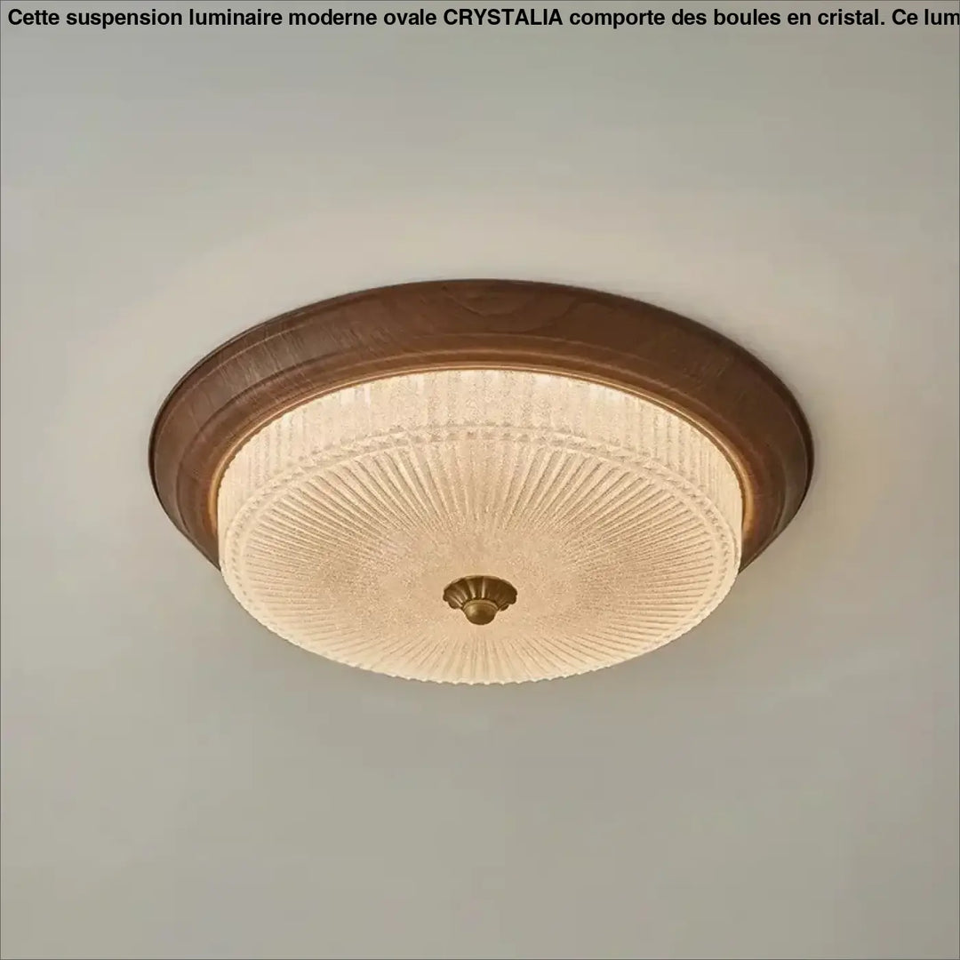 Plafonnier rond en verre texturé et finition bois naturelle