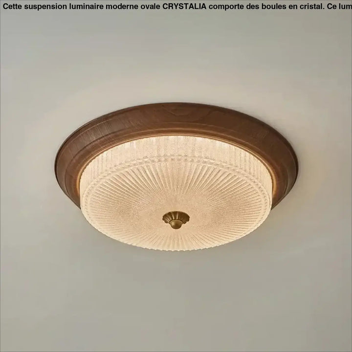 Plafonnier rond en verre texturé et finition bois naturelle