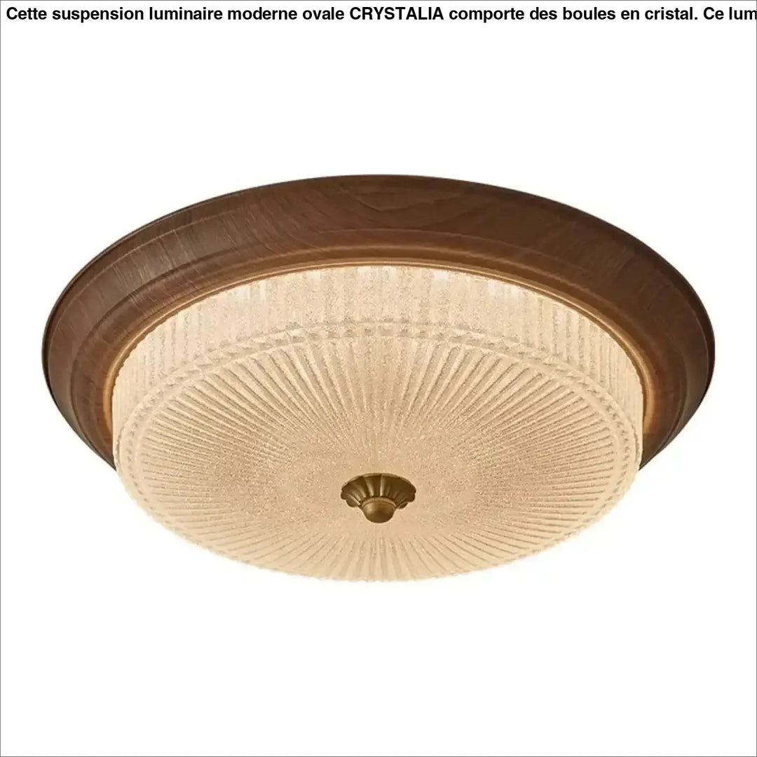 Plafonnier rond en verre texturé et finition bois naturelle