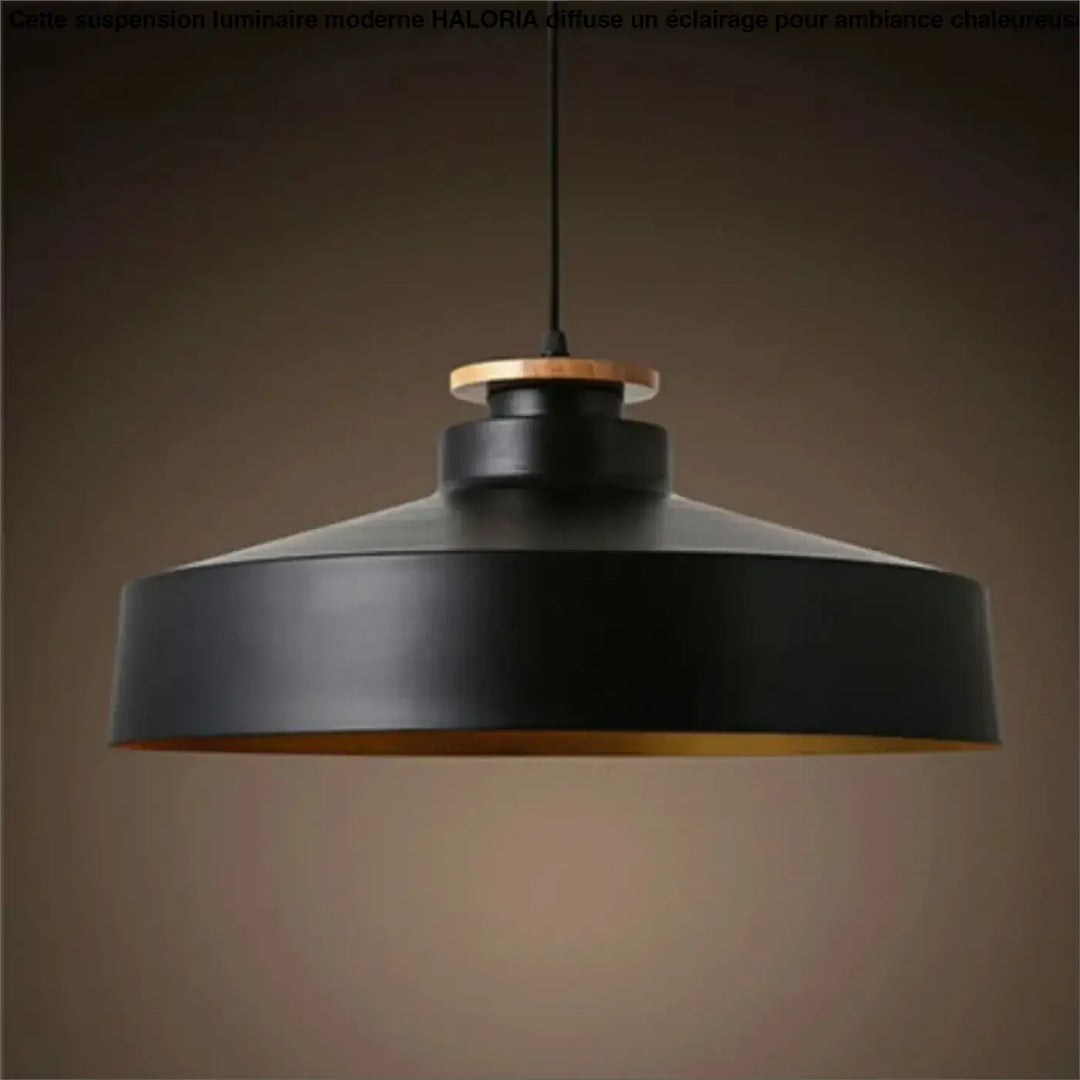 Suspension luminaire phos en metal noir avec interieur dore et accent bois clair minimaliste