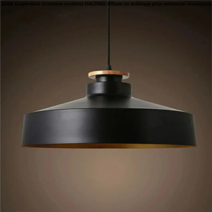 Suspension luminaire phos en metal noir avec interieur dore et accent bois clair minimaliste