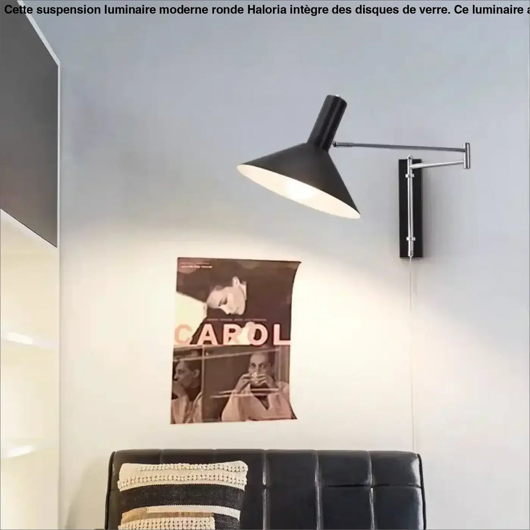 Luminaire moderne suspension murale noire conique avec bras articulé et support métallique pour interior design