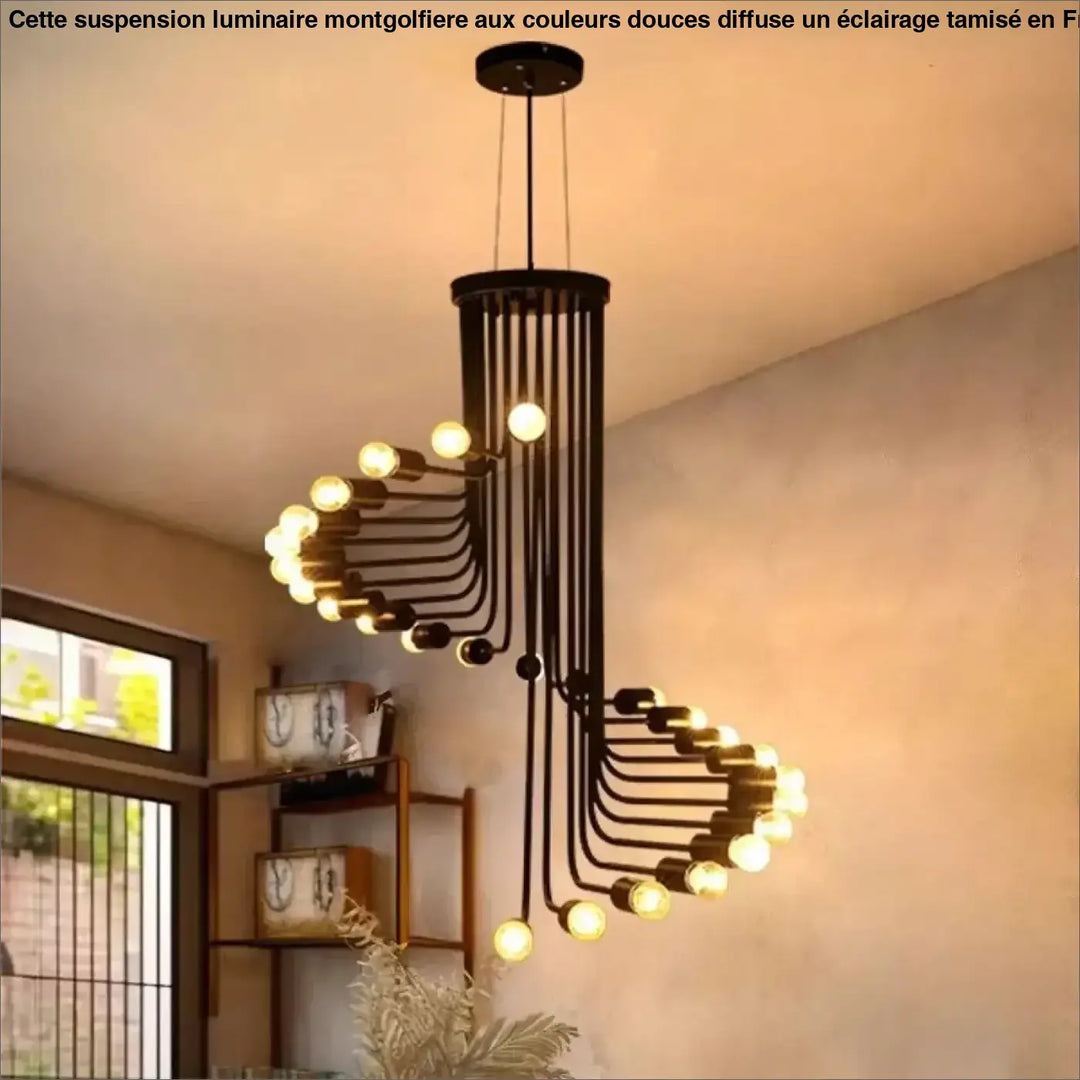 Suspension luminaire temppia en métal noir avec corps de lampe en métal principal et matériau auxiliaire, spirale et ampoules lumineuses multiples