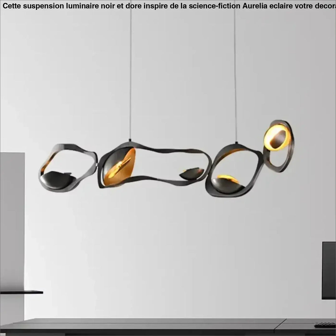 Suspension luminaire noir et doré inspiré de la science fiction

