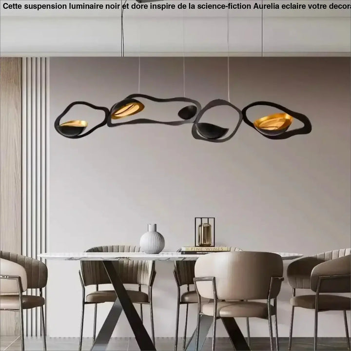 Suspension luminaire noir et doré inspiré de la science fiction


