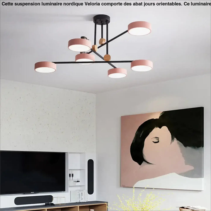 Suspension luminaire nordique avec bras en métal noir, abat-jours circulaires roses et accents en bois veloria