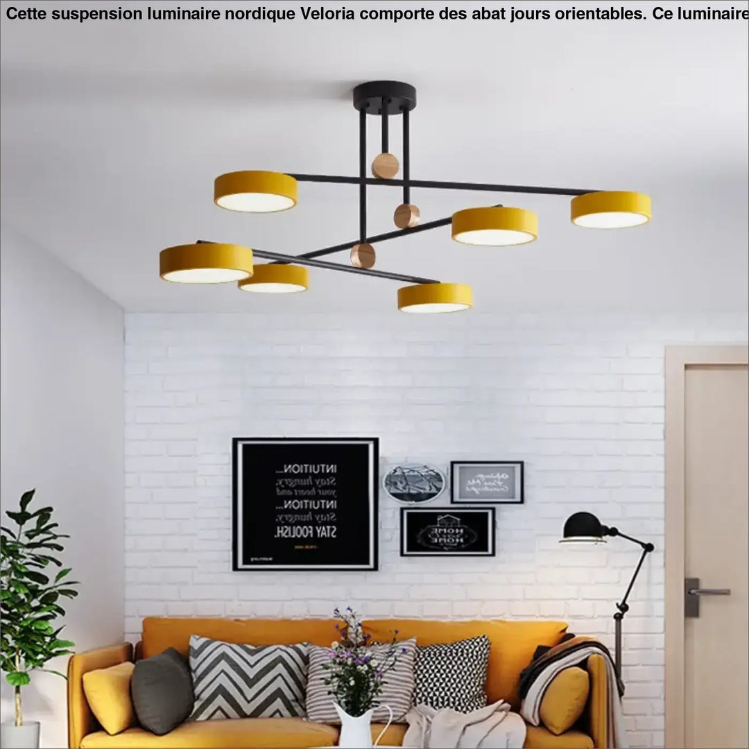 Suspension luminaire nordique noir métal avec six abat jours circulaires jaunes et accents cuivrés veloria