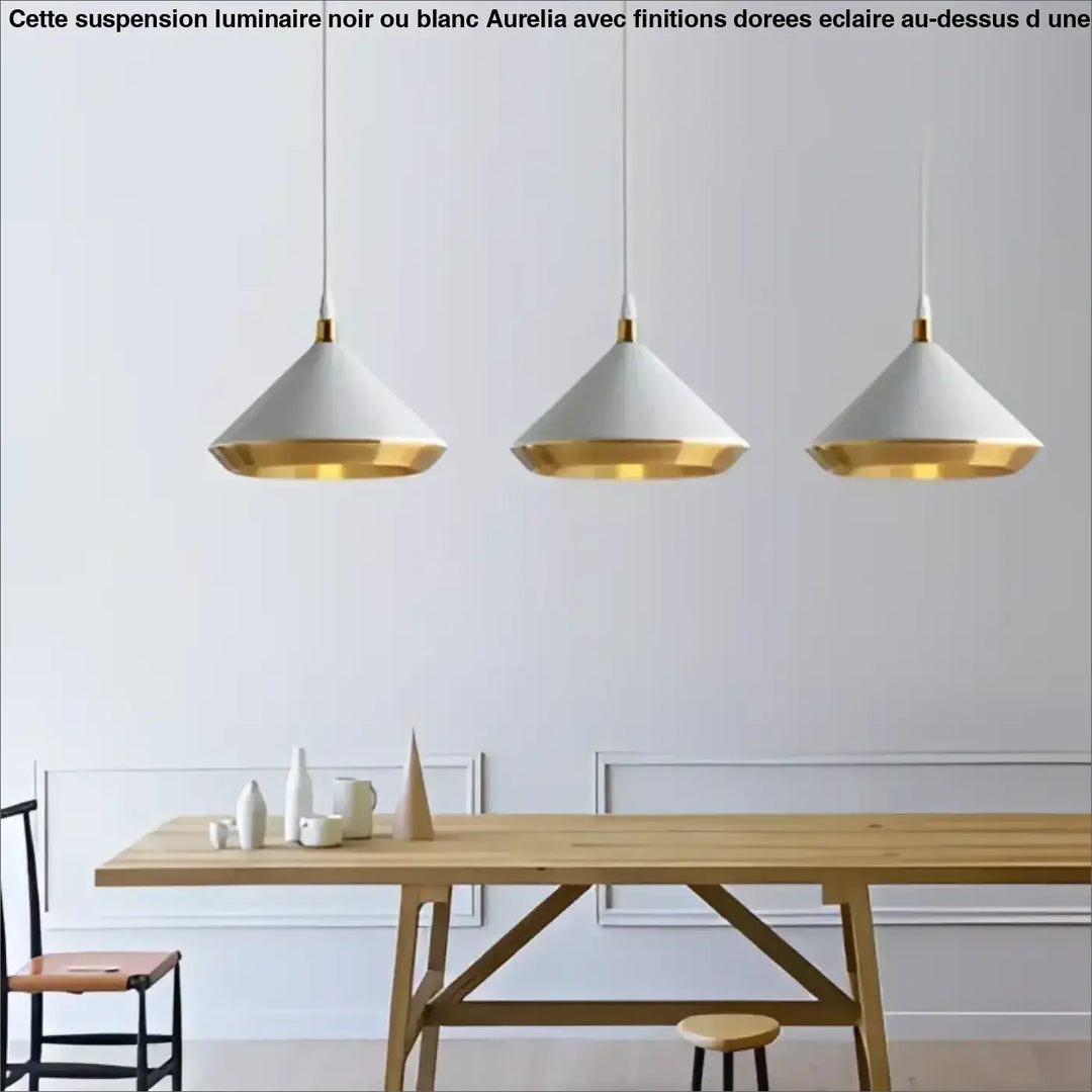 Suspension luminaire noir ou blanc avec des détails dorés
