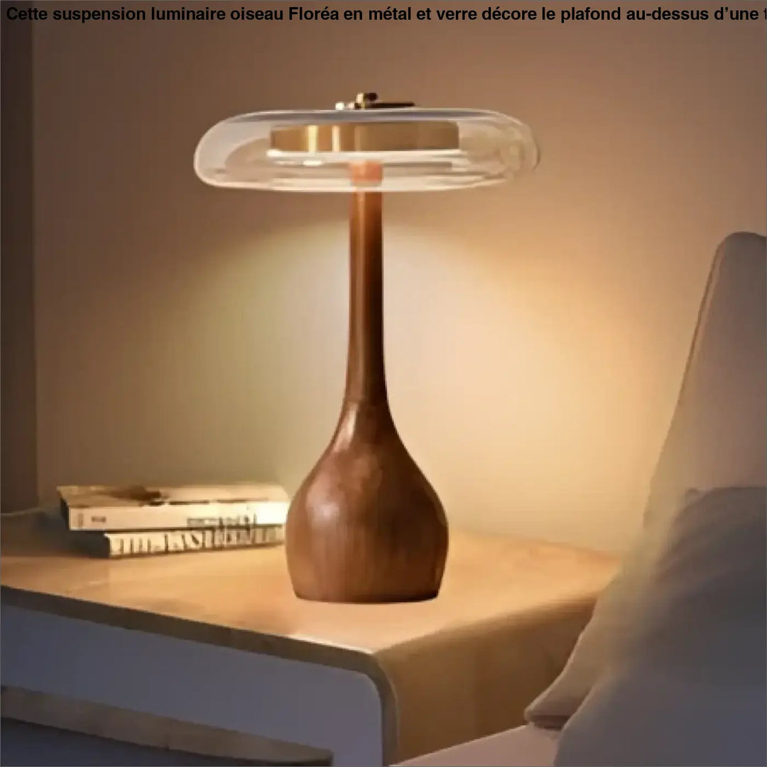 Lampe de chevet baobab en bois chaud avec abat-jour en verre clair et design courbé pour décoration intérieure chevet rétro plus qu’un luminaire