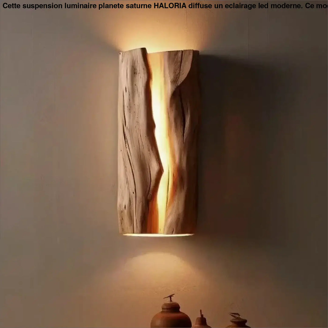 Applique murale waihan en bois naturel rustique avec une lueur ambre chaleureuse idéale pour chambre à coucher
