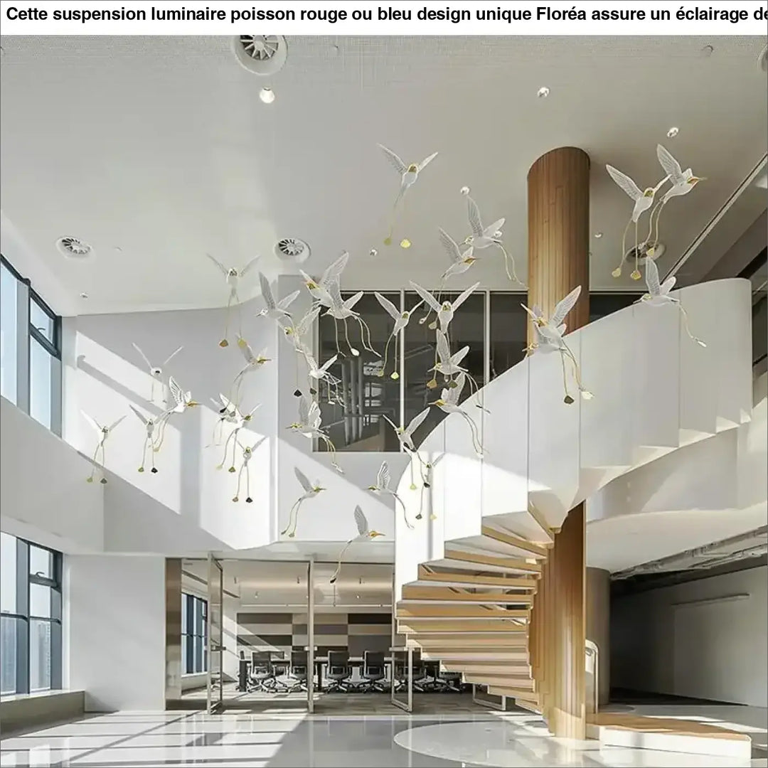 Suspension design oiseaux lumineux blanc et doré moderne