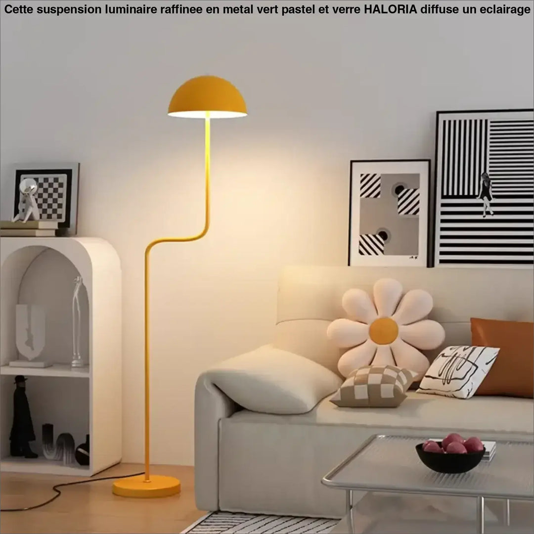 Lampadaire sairam design contemporain avec abat-jour jaune en dôme, tige et base métalliques courbées, lampadaire décoratif coloré