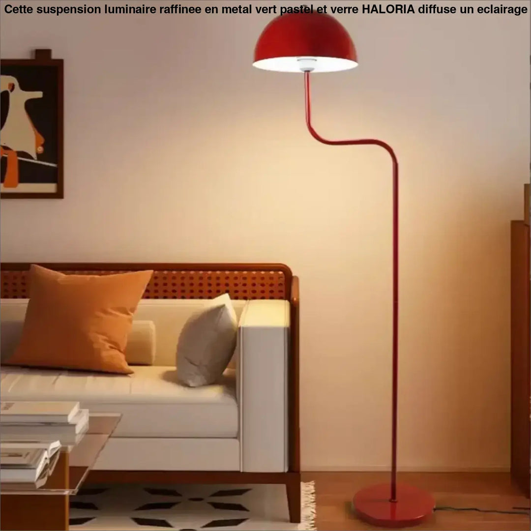 Lampadaire sairam rouge design contemporain avec abat-jour dôme et pied en métal courbé pour décoration colorée