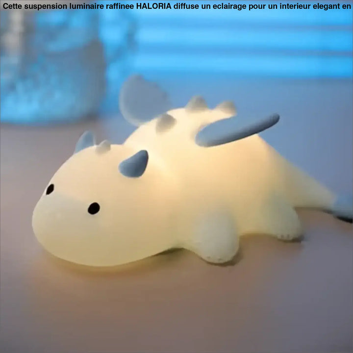 Veilleuse tiamat en forme d axolotl blanc lumineux avec lumière douce et fines nageoires bleues comme veilleuse dragon