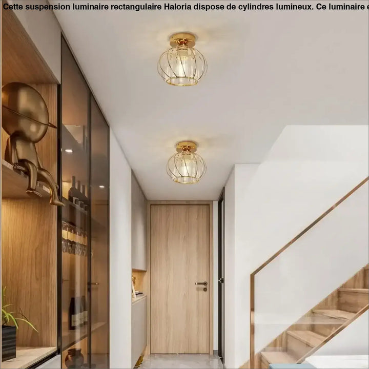 Luminaire plafonnier veloria en cage dorée avec globe en cristal transparent et lumière diffuse chaleureuse