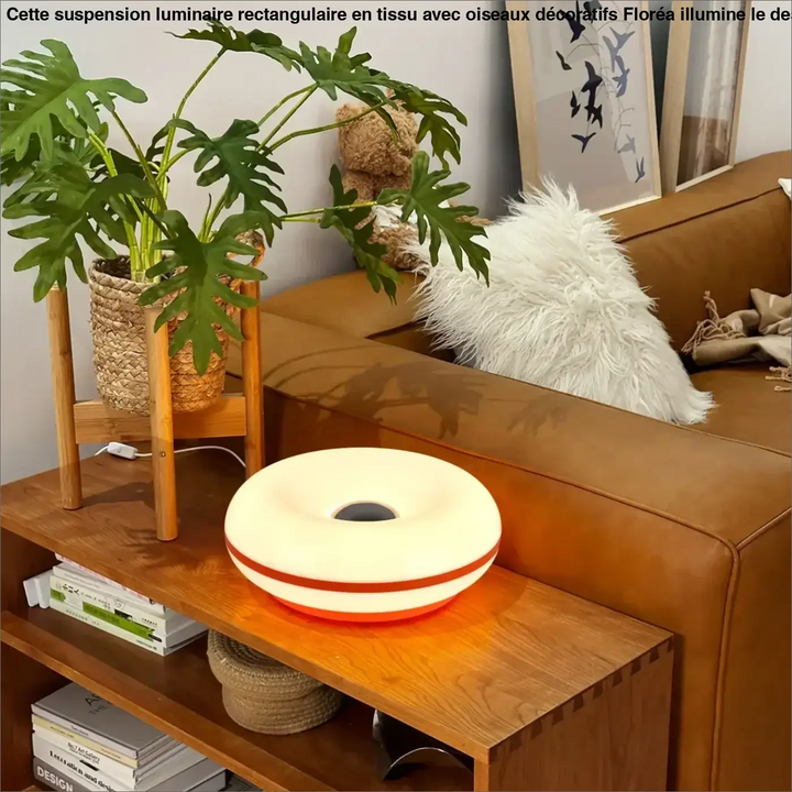Lampe de table hausla cream beige anneau avec base orange lumineuse et bande rouge design unique idée cadeau originale