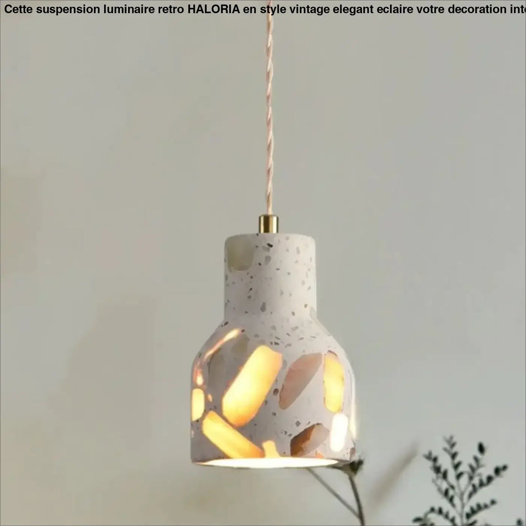 Suspension luminaire tosca montre l’image avec corps en béton moucheté et cordon réglable beige torsadé