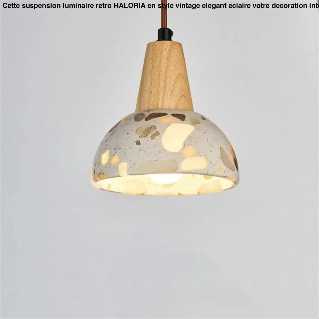 Suspension luminaire Tosca montre l’image d’une lampe suspendue moderne avec top en bois et abat-jour en terrazzo ajustable