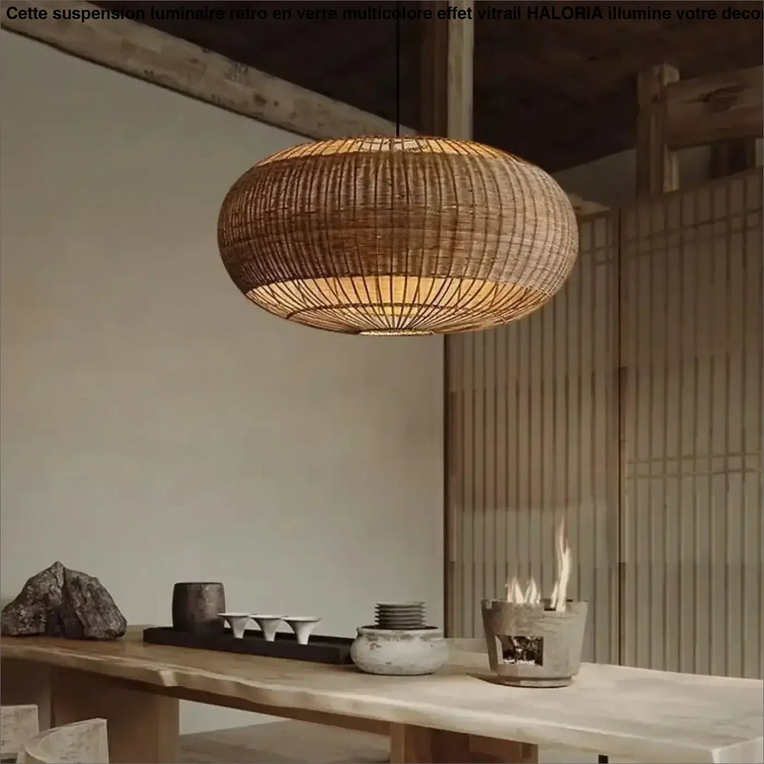 Suspension luminaire rond en rotin au style naturel pour salon