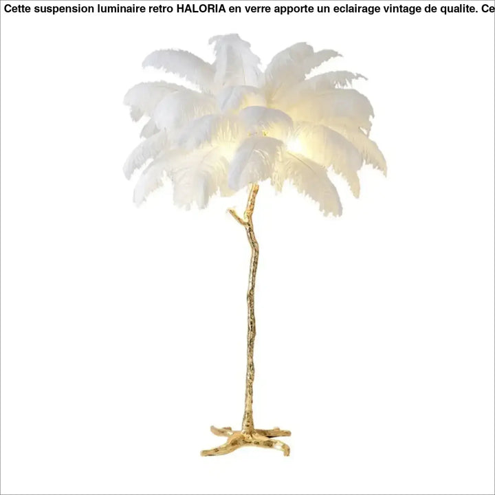 Lampadaire exotis avec plumes blanches et socle doré en forme de luminaire palmier élégant