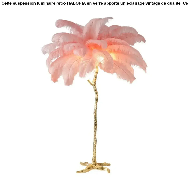Lampadaire exotis avec plumes colorées roses et socle doré style luminaire palmier en métal doré
