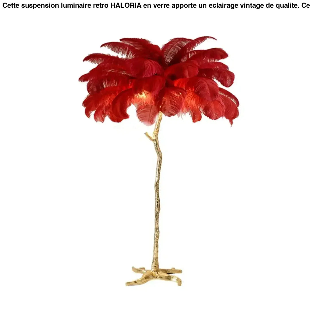 Lampadaire exotis avec plume rouge et socle doré luminaire palmier original aux plumes colorées élégantes