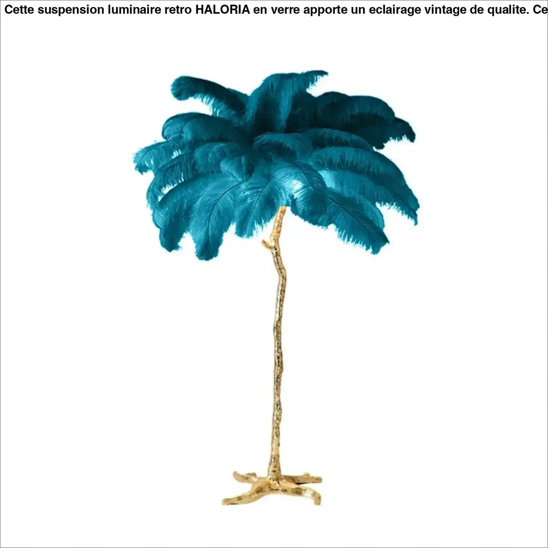 Lampadaire exotis avec plumes colorées teal et socle doré texturé luminaire palmier élégant