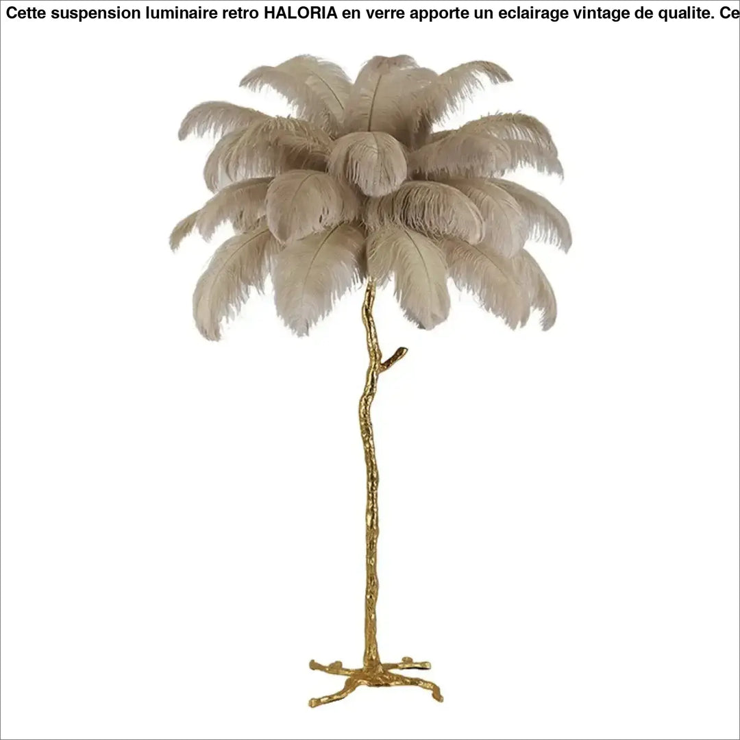 Lampadaire exotis avec socle doré et plumes colorées beige en luminaire palmier élégant et raffiné