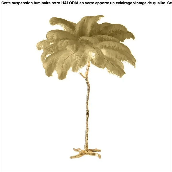 Lampadaire exotis avec luminaire palmier doré, socle doré et plumes colorées, tige texturée et frondes larges