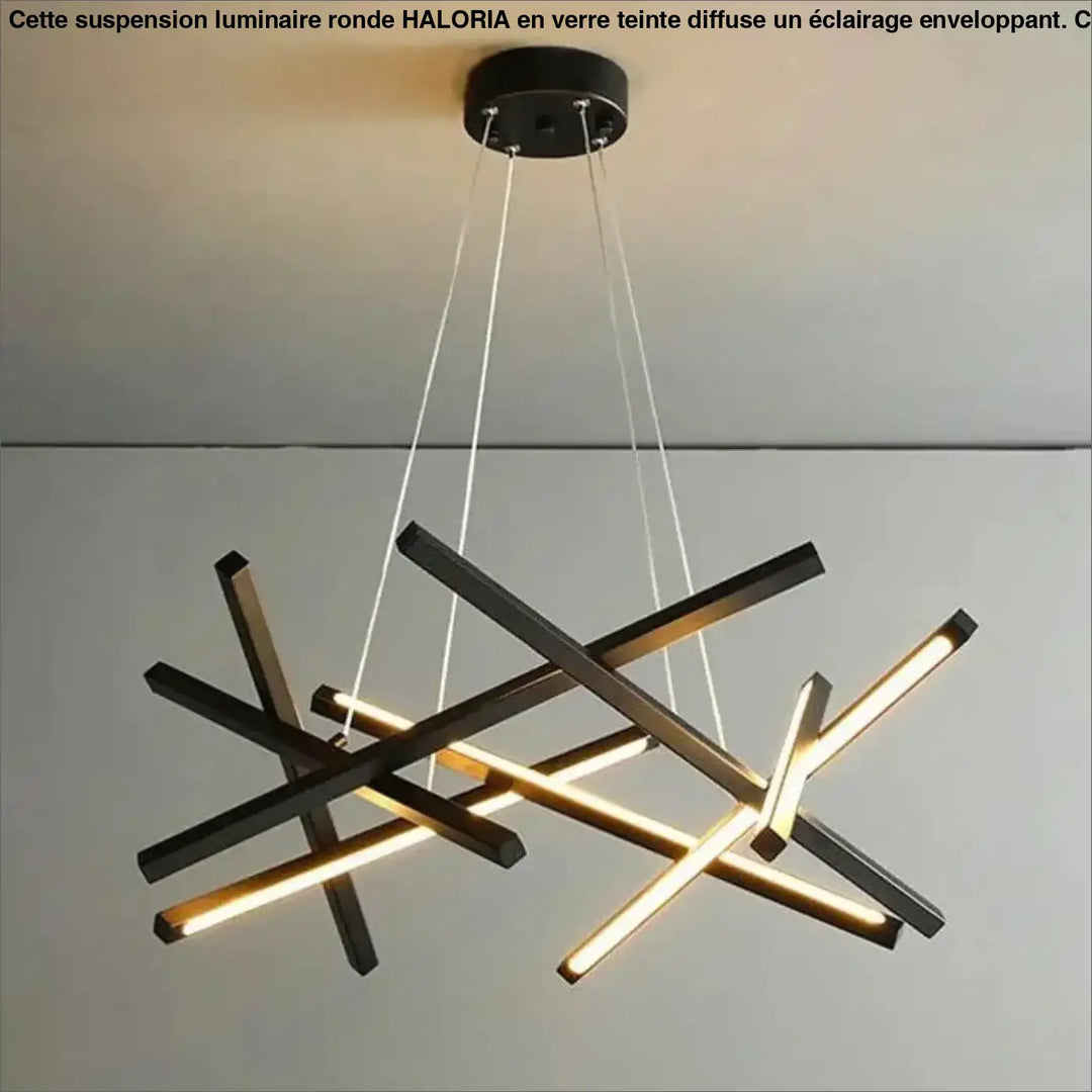 Suspension luminaire kados noir moderne avec barres lumineuses entrecroisées en blanc chaud pour grands mètres carrés
