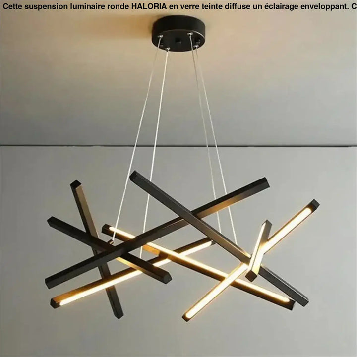 Suspension luminaire kados noir moderne avec barres lumineuses entrecroisées en blanc chaud pour grands mètres carrés
