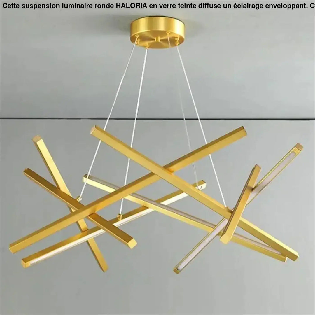 Suspension luminaire kados en finition or avec barres rectangulaires entrecroisées et éclairage led blanc chaud pour mètres carrés variés