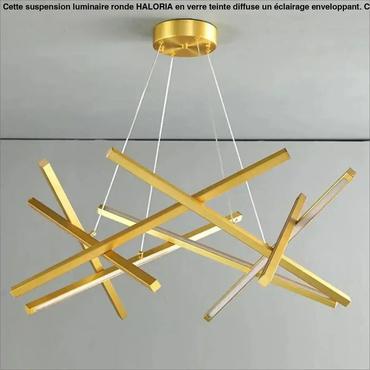 Suspension luminaire kados en finition or avec barres rectangulaires entrecroisées et éclairage led blanc chaud pour mètres carrés variés