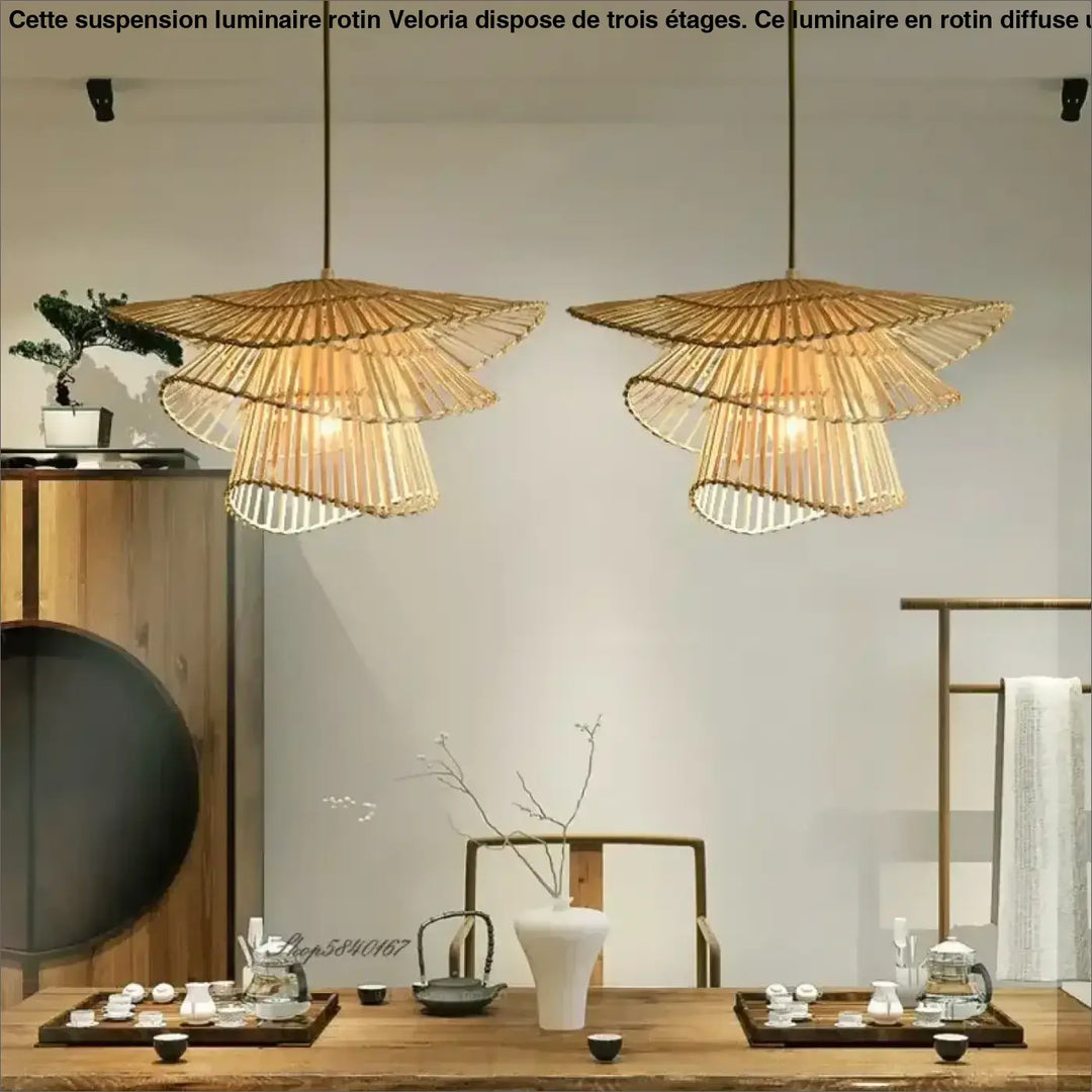 Suspension luminaire rotin en 3 étages pour salle à manger tendance

