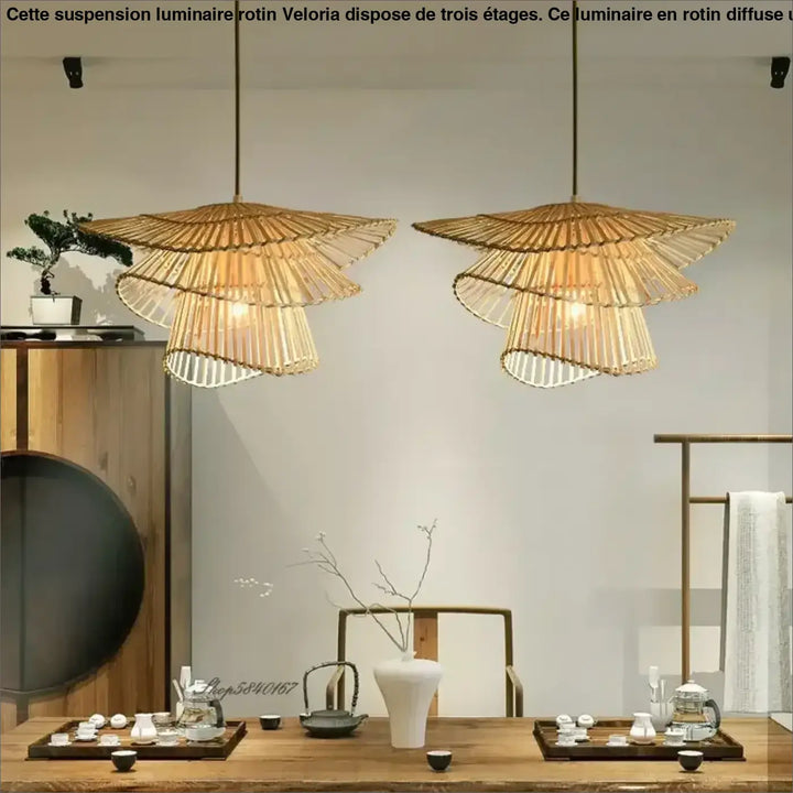 Suspension luminaire rotin en 3 étages pour salle à manger tendance

