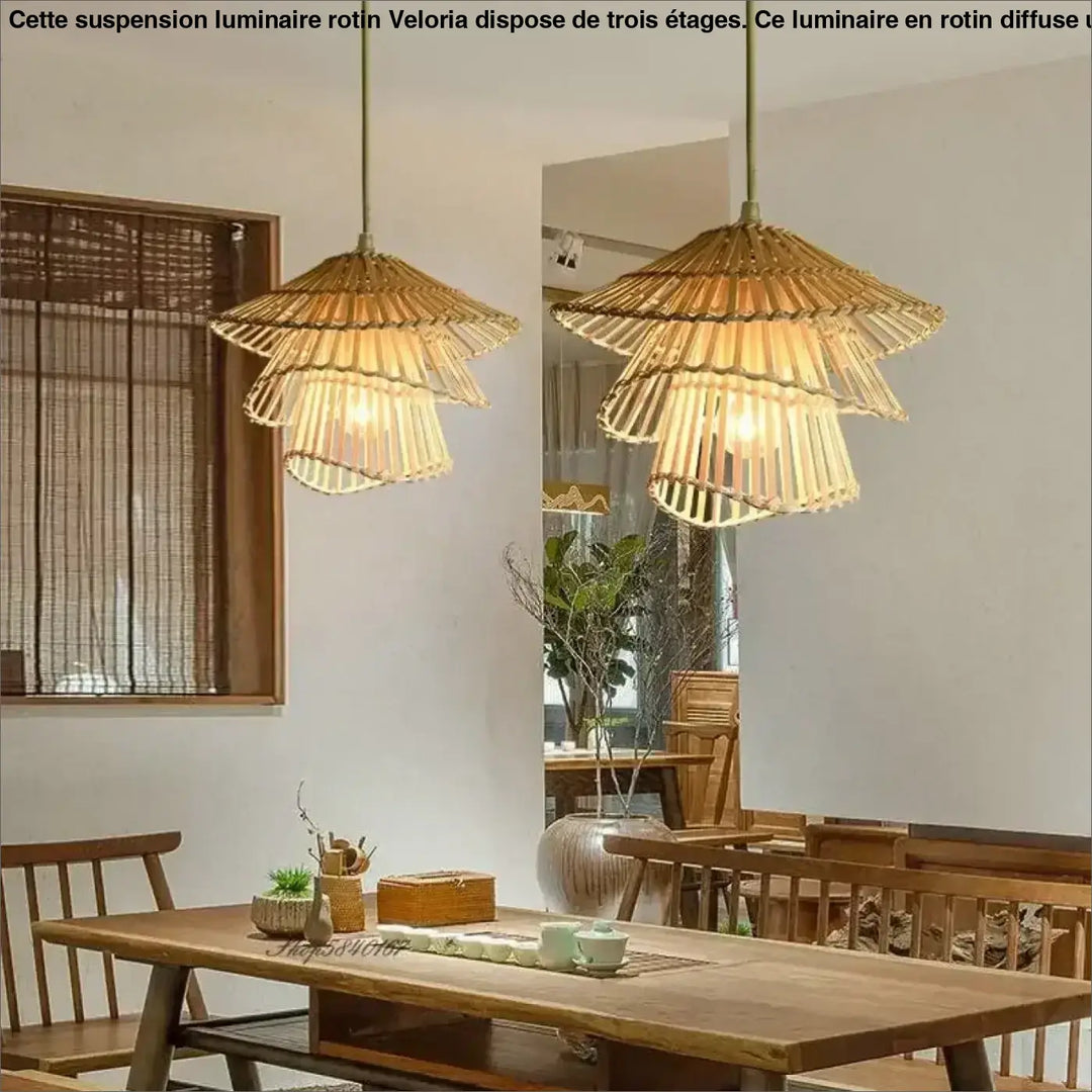 Suspension luminaire rotin en 3 étages pour salle à manger tendance

