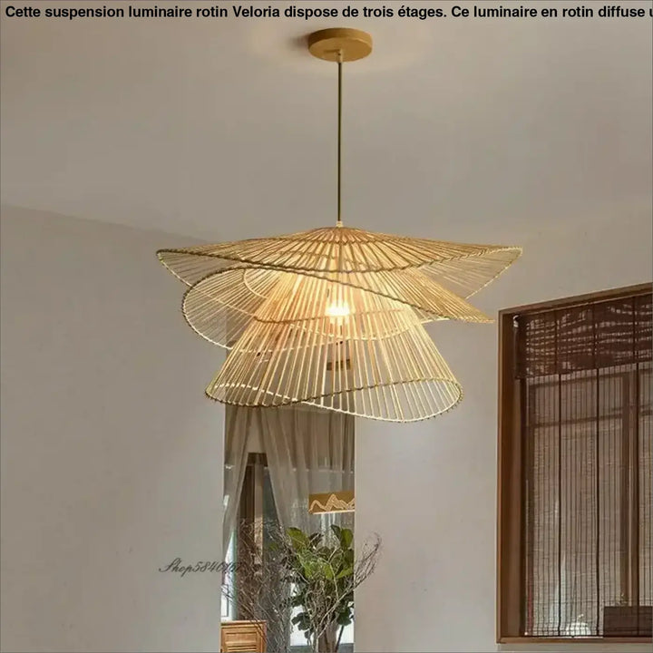 Suspension luminaire rotin en 3 étages pour salle à manger tendance

