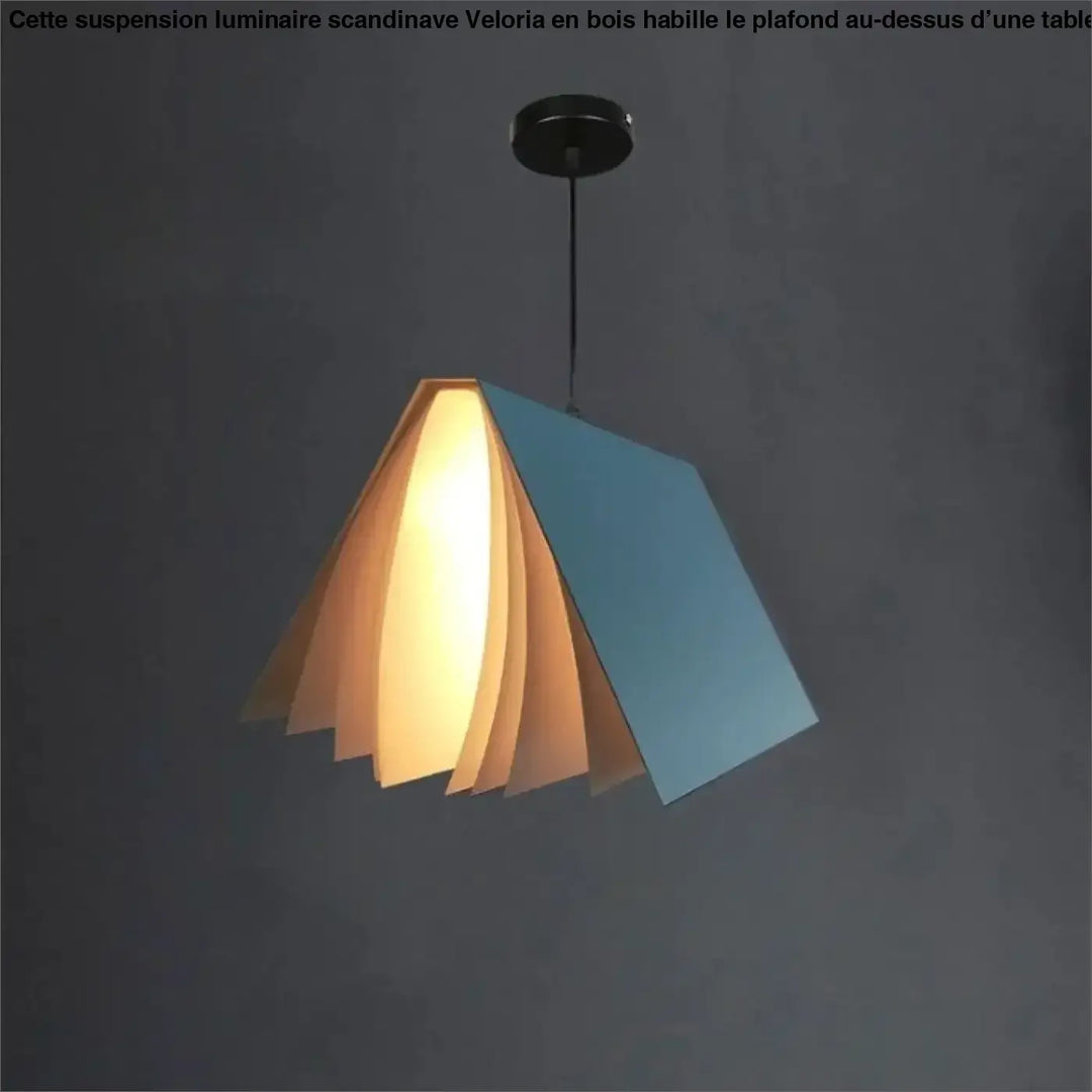 Suspension luminaire boky en forme de livre ouvert transformé avec pages intérieures chaleureuses et couverture bleue froide