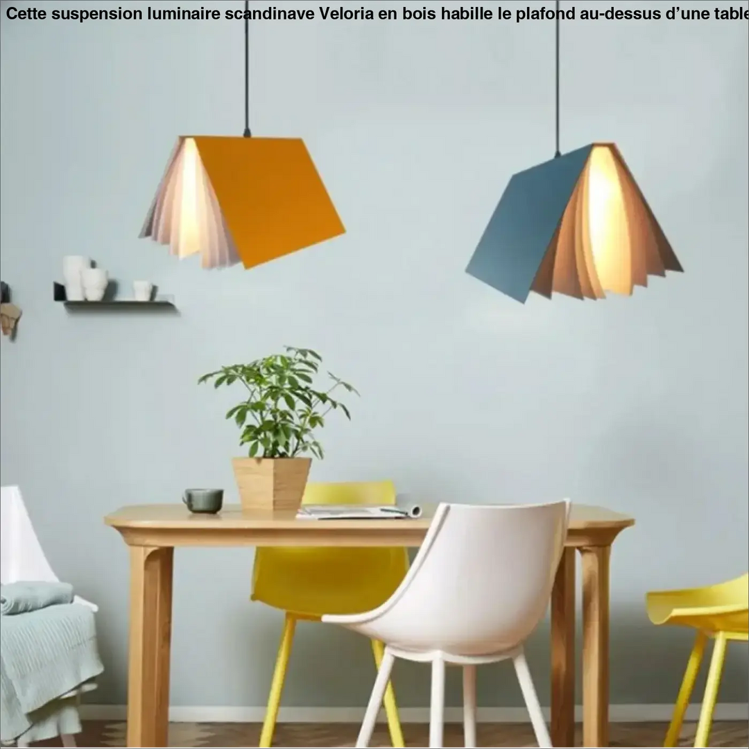 Deux suspensions luminaires boky en forme de livre ouvert transforme avec couvertures orange et bleue et pages en papier diffusant une lumière chaude