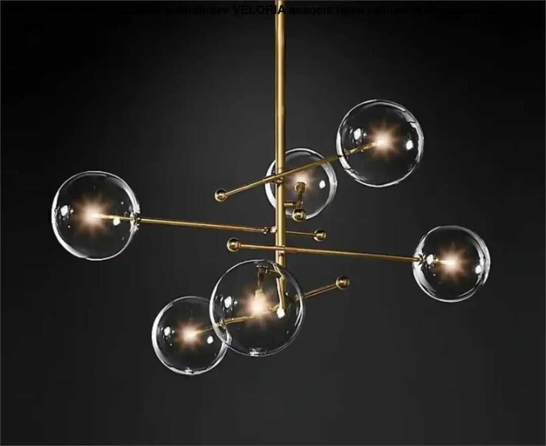 Plafonnier moderne atomix en laiton doré avec sphères en verre clair idéal pour salle à manger élégante