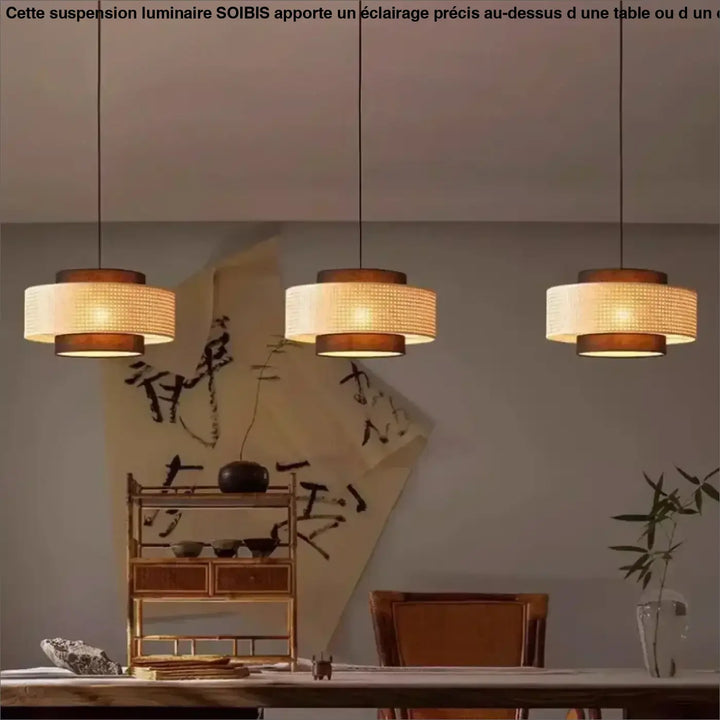 Suspension rotin design élégant forme tambour lumineux