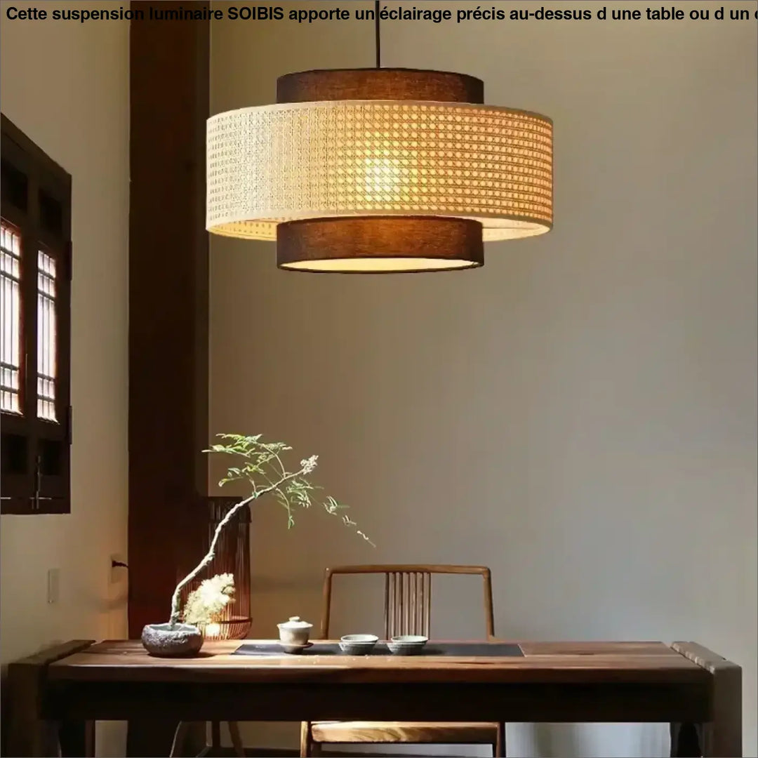 Suspension rotin design élégant forme tambour lumineux