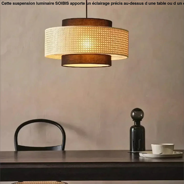 Suspension rotin design élégant forme tambour lumineux