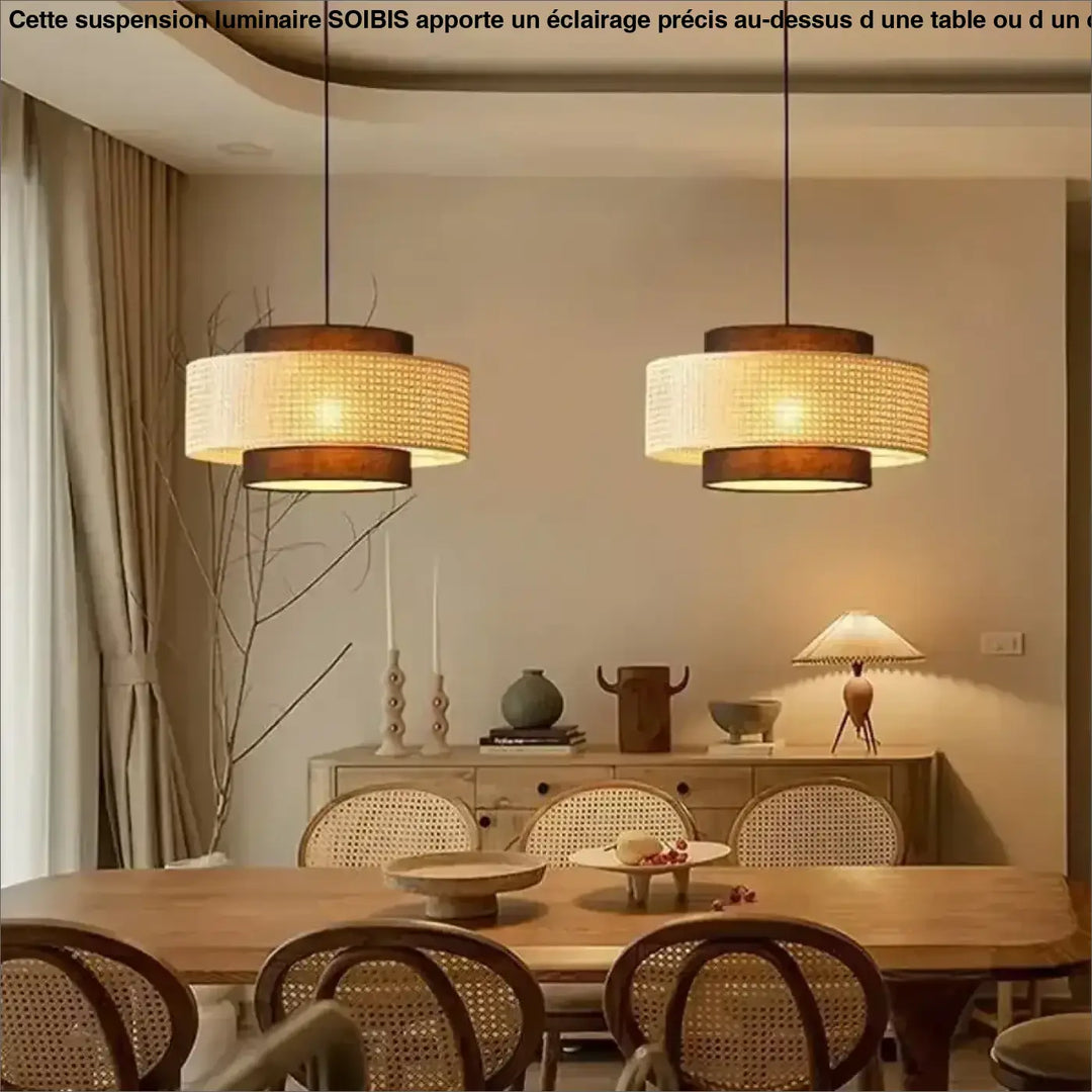 Suspension rotin design élégant forme tambour lumineux