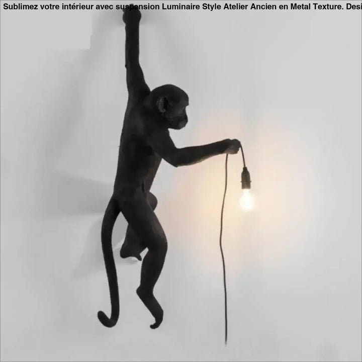 Applique murale singe noire avec ampoule suspendue et cordon design artistique FIKKI