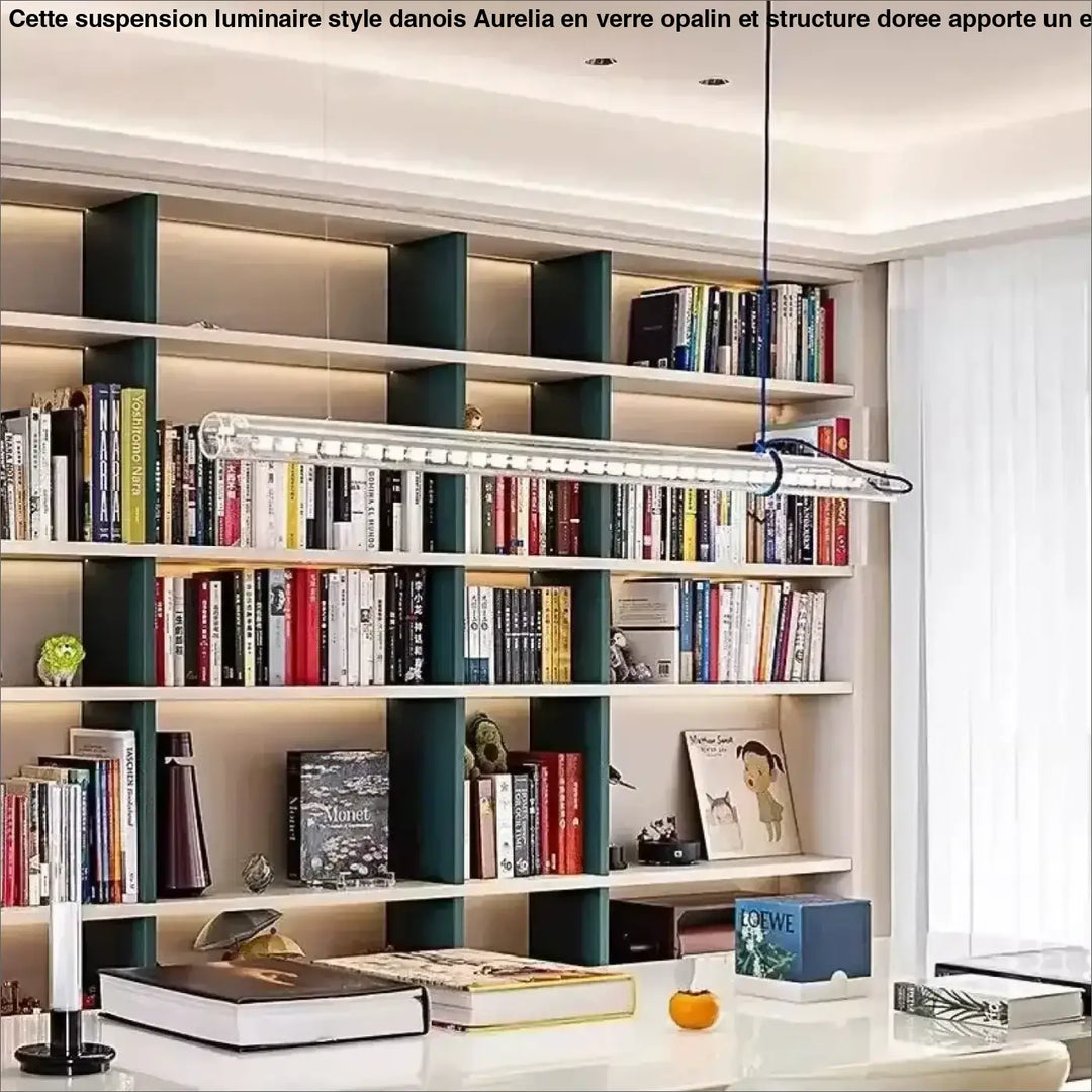 Suspension luminaire nushia en verre soufflé avec câble tressé minimaliste au-dessus dune bibliothèque