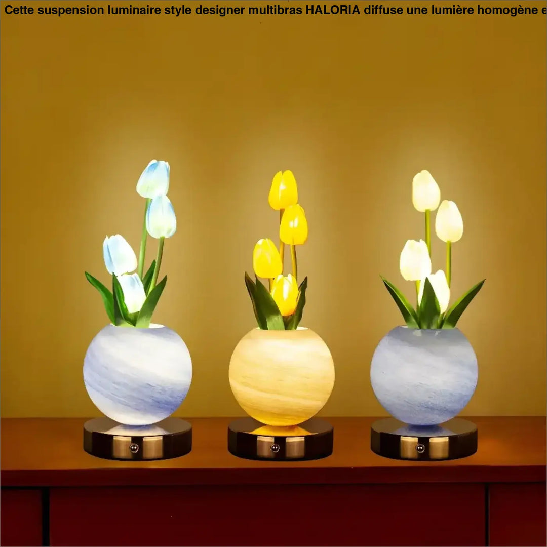 Lampe de table tulyna trois lampes à led sphériques avec source lumineuse tulipe en vase en verre marbré et socle métallique