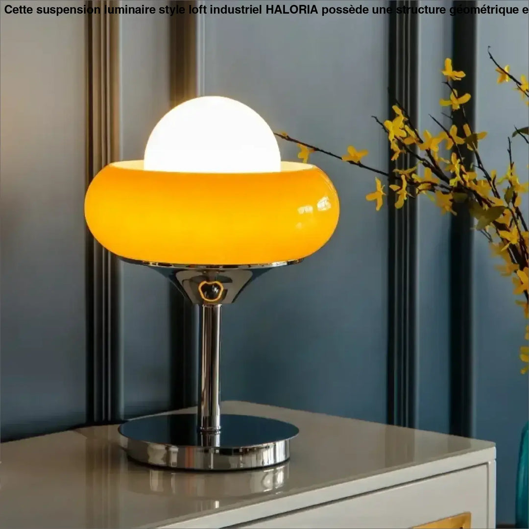 Lampe de table bellora en verre opale jaune vibrant en forme de champignon avec base et tige chrome poli décoration intérieure rétro space age